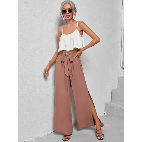 2 piece set: Cami crop Top & Belted Split thigh wide leg Pants hot pink - Picture 8 of 11